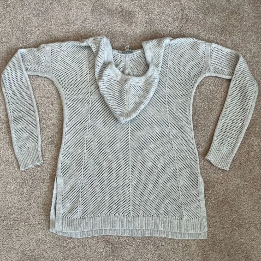 Autumn Cashmere Open Stitch V-Neck Gray Hoodie Sweater 100% Pure Cashmere SizeXS